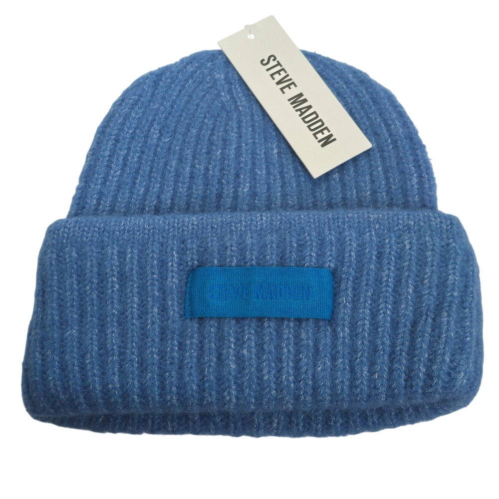 Steve Madden Womens Blue Ribbed Knit Cuffed Beanie Hat NWT Steve Madden Label